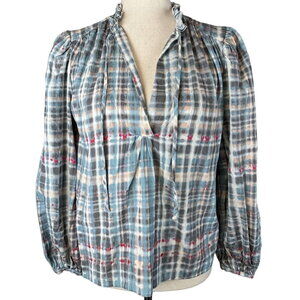 Joie Womens Jindrah Peasant Top S Small Blue Gray Plaid Balloon Sleeves Cotton